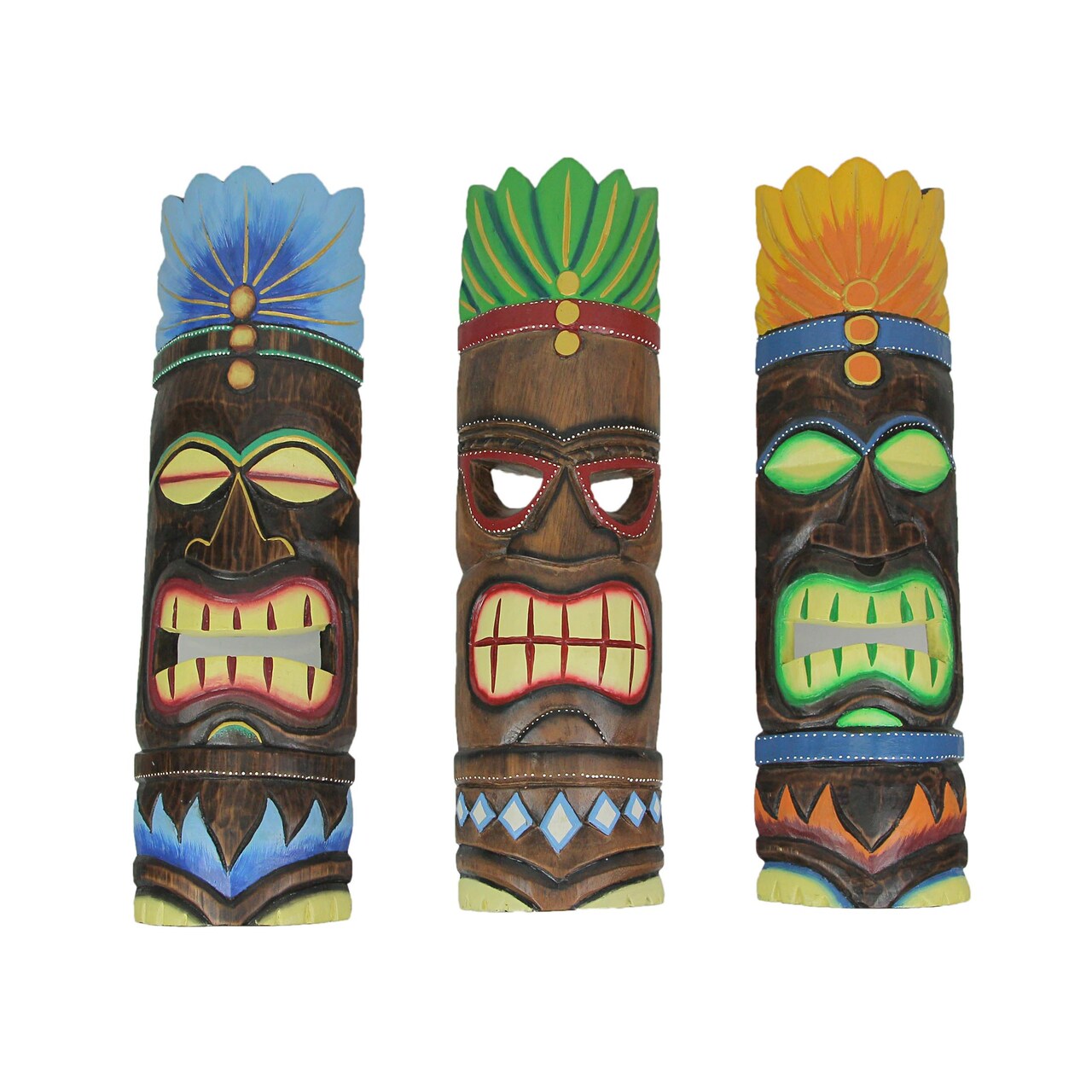 Set of 3 Brightly Painted Hand Carved Elemental Tiki Style Wall Masks 20 Inches
